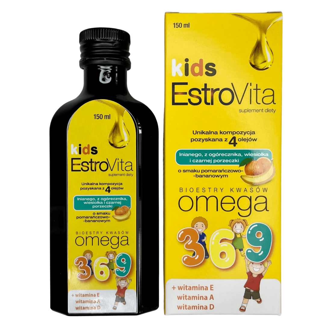 EstroVita Kids, smak pomarańczowo-bananowy, płyn, kwasy Omega, ALA, Matka Aptekarka
