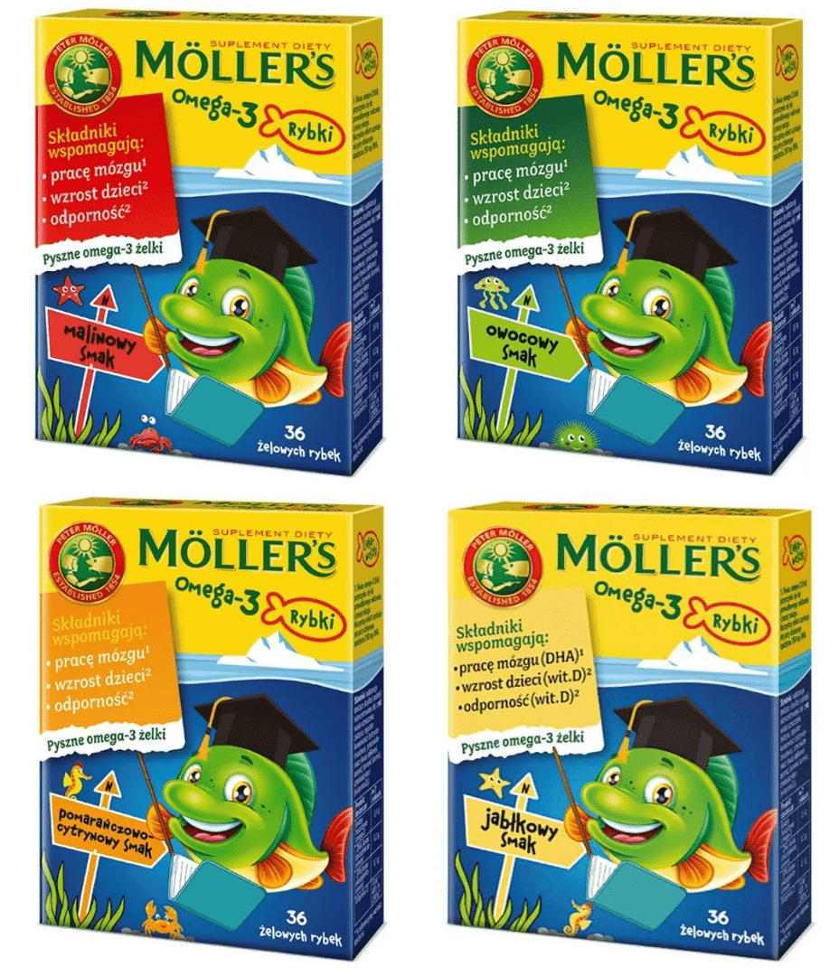 Moller’s, Omega-3 Rybki, żelki malinowe, owocowe, pomarańczowo-cytrynowe, jabłkowe, DHA, Matka Aptekarka