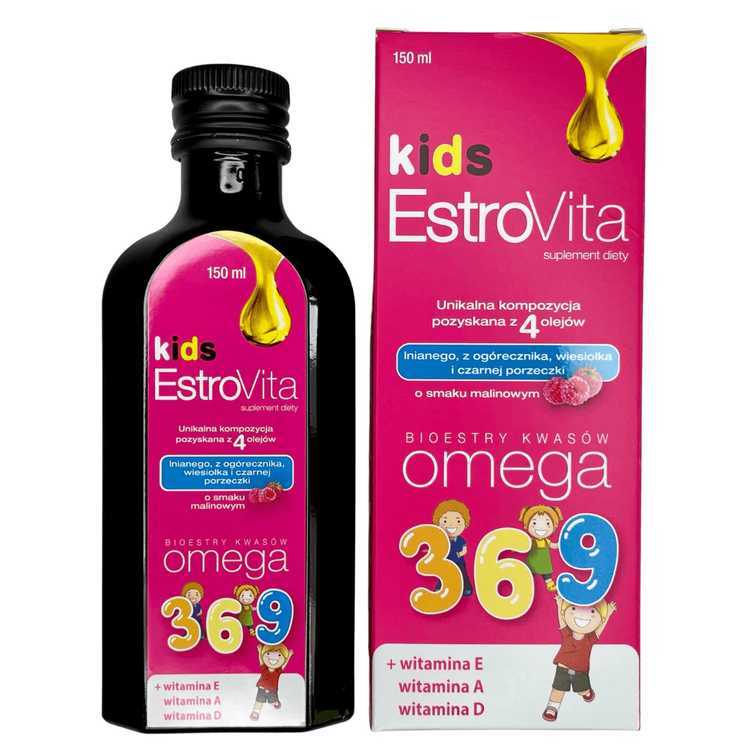 EstroVita Kids, smak malinowy, płyn, kwasy Omega, ALA, Matka Aptekarka